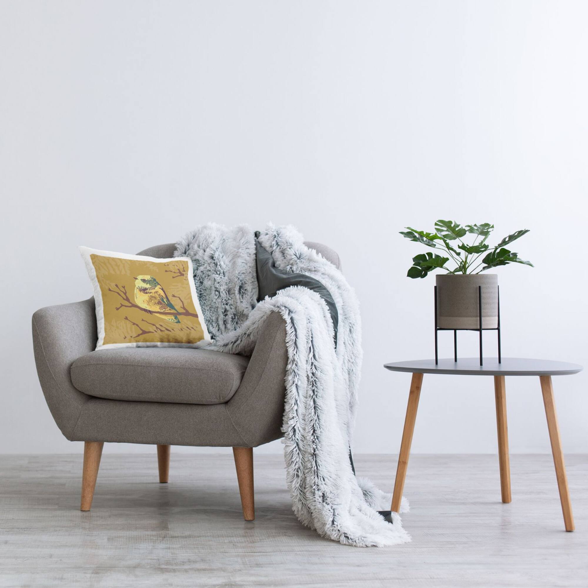 Stupell Industries Perched Yellow Bird Botanical Leaf Pattern Throw Pillow, 18" x 18"